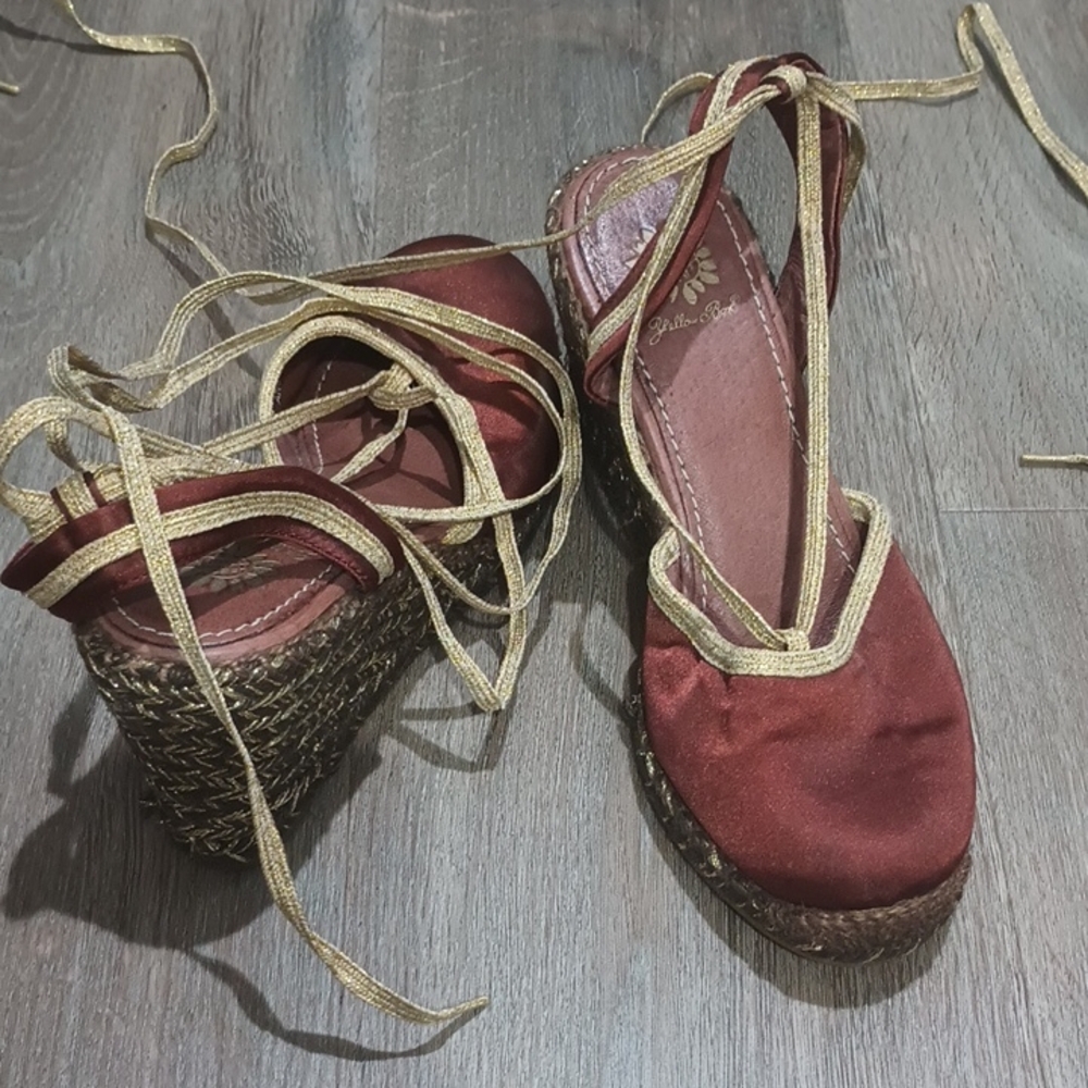 Yellow Box Burgundy and Gold Espadrille Wedges